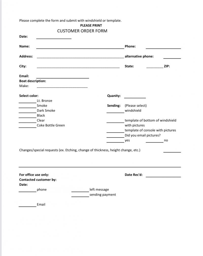 customer order form to fill out and send with windshield or template